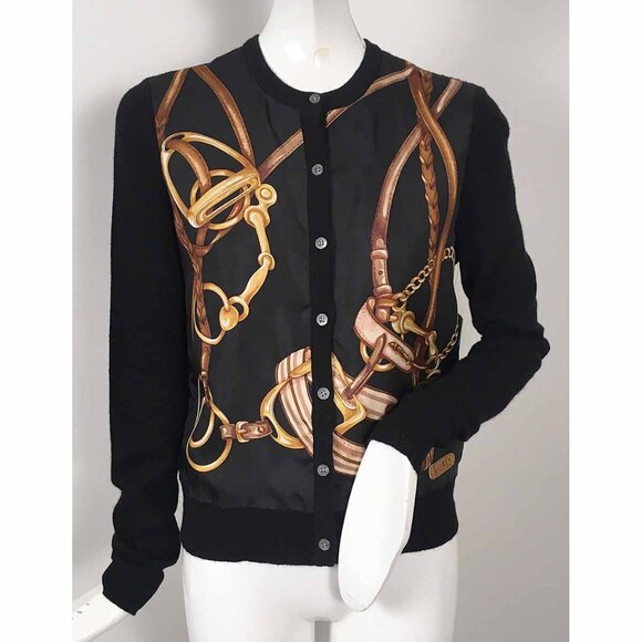 NEW Polo Ralph Lauren Cardigan Sweater! P Black Silk & Cashmere Equestrian Print - Picture 1 of 2